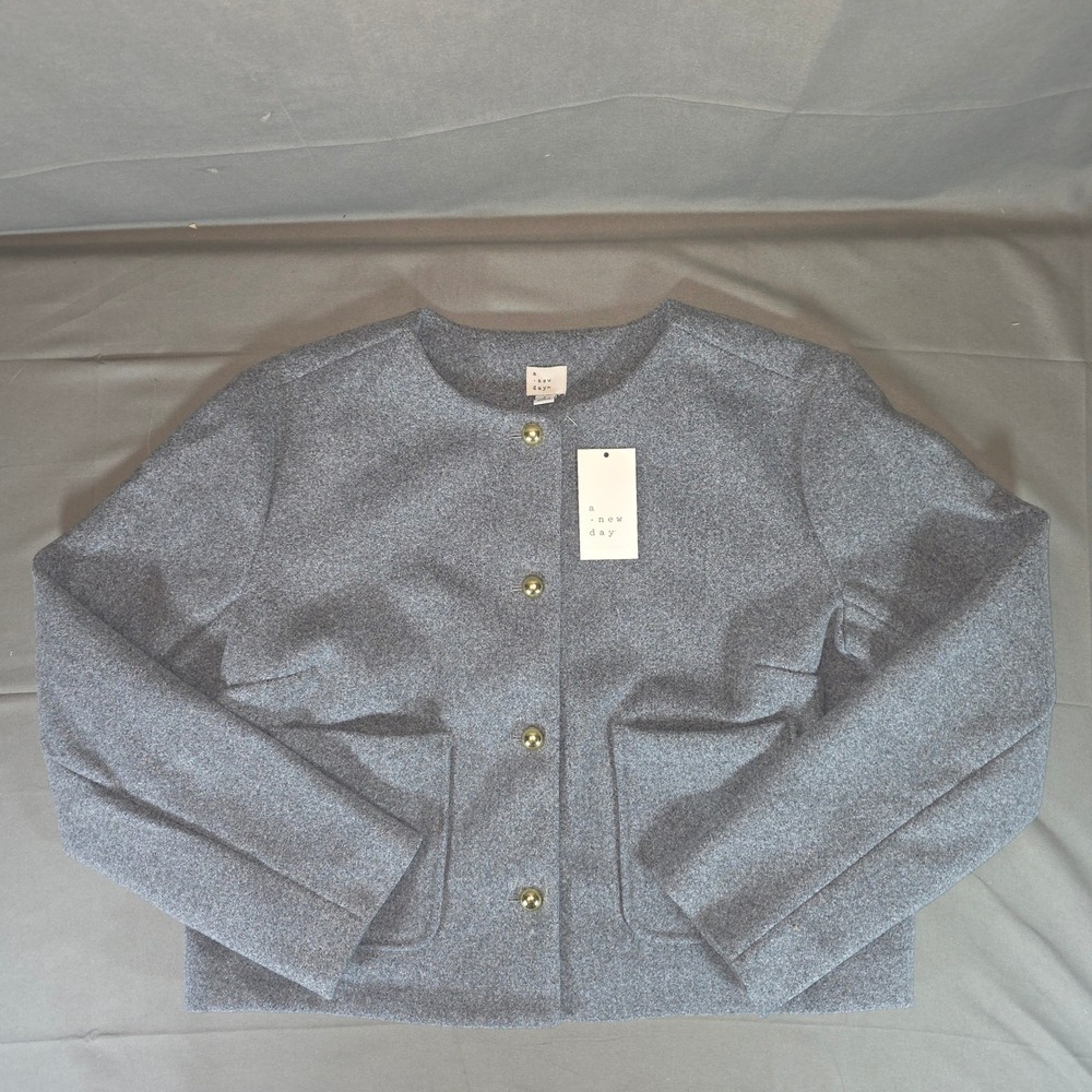 A New Day Gray Button Front Collarless Jacket Gold Buttons Size L 018 06 1489